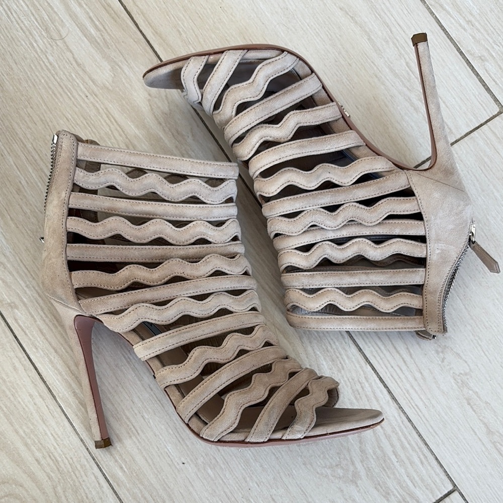Prada Cage Suede Cream Heels